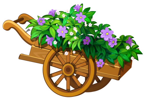 Wooden Garden Wheelbarrow with Flowers PNG Clipart